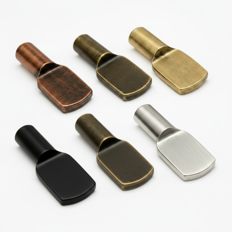 Five metal hardware pieces with a flat rectangular head are arranged in a row on a white background. From left to right, the finishes are copper, dark bronze, antique gold, black, and brushed silver.