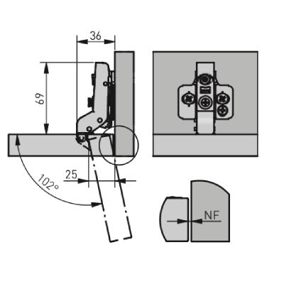 Cabinet Hinges Silence Soft Close 100° Inset Aluminium Frame