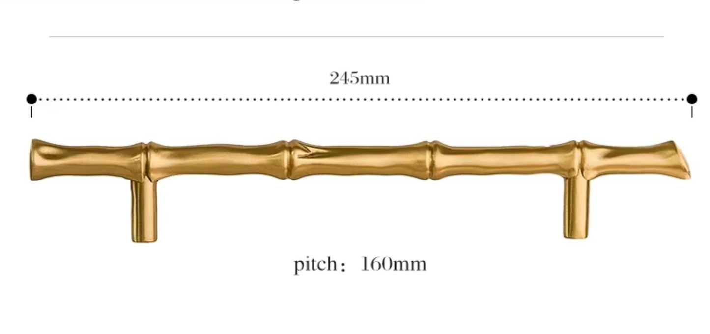 A brass-finished bamboo-style cabinet pull handle shown on a white background with dimension annotations indicating a width of 245mm and a pitch of 160mm.