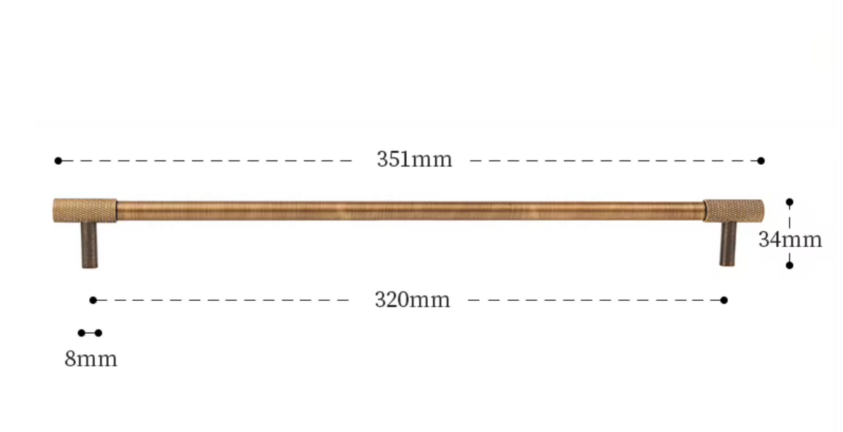 A dimension diagram of a long horizontal metal bar with two vertical end tabs, showing measurements 351mm, 320mm, 8mm, and 34mm on a white background.