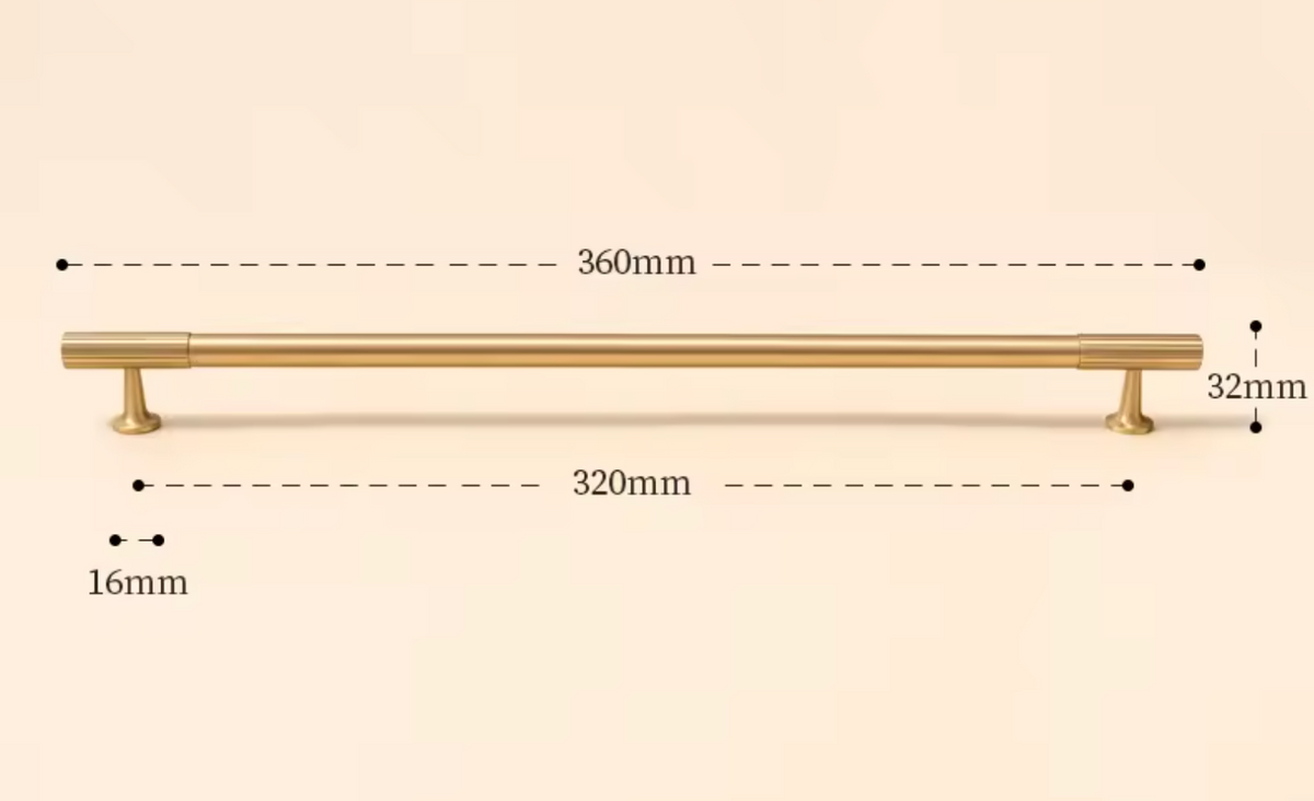 A brass cabinet pull handle with dimension markings showing a total length of 360mm, a shorter length of 320mm, a width of 32mm, and a base diameter of 16mm, set against a solid beige background.