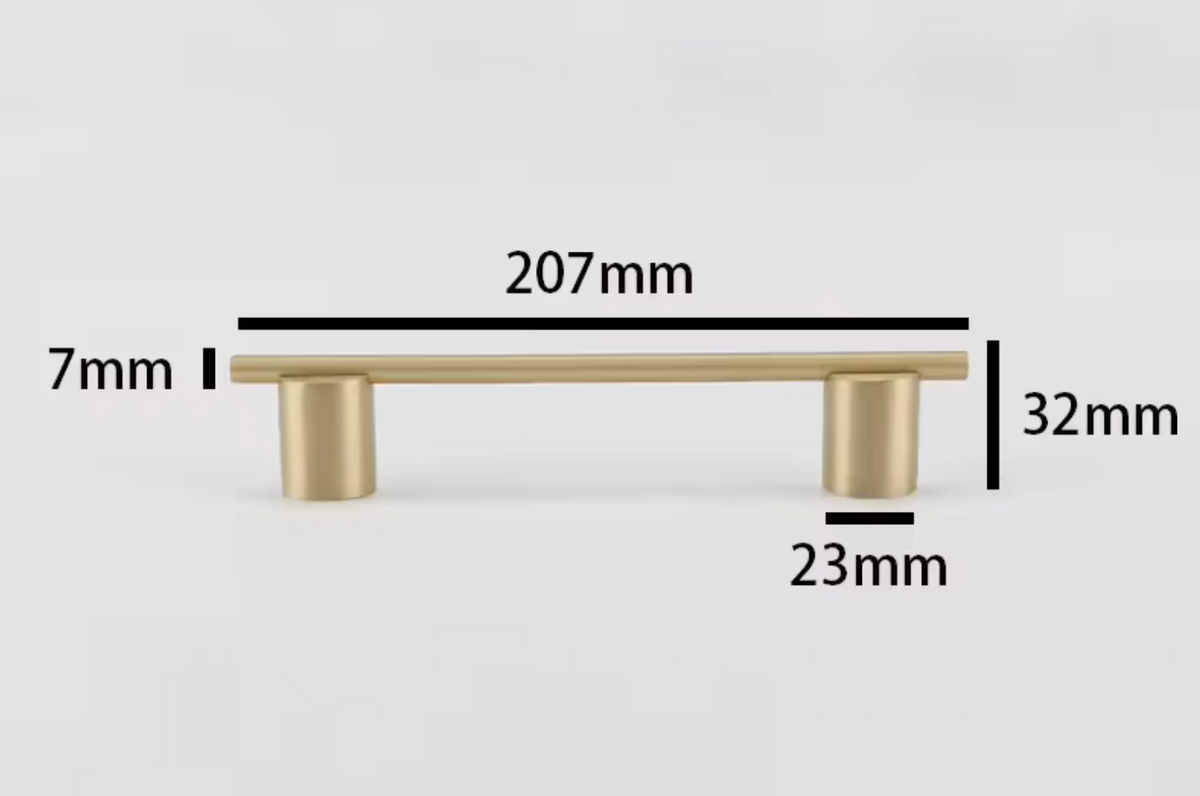 A brass cabinet pull handle shown on a light gray background with dimension labels indicating 207mm length, 32mm height, 23mm width, and 7mm thickness.