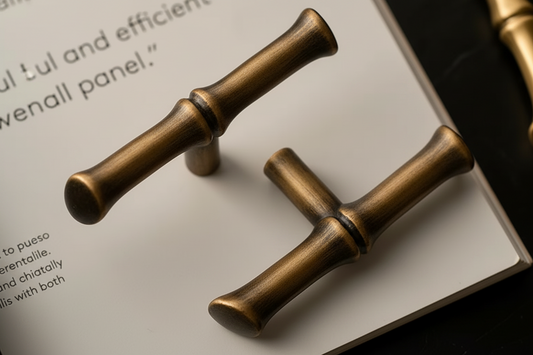 Two antique bronze drawer knobs with a bamboo-inspired curved shape, resting on a white book page with black text.