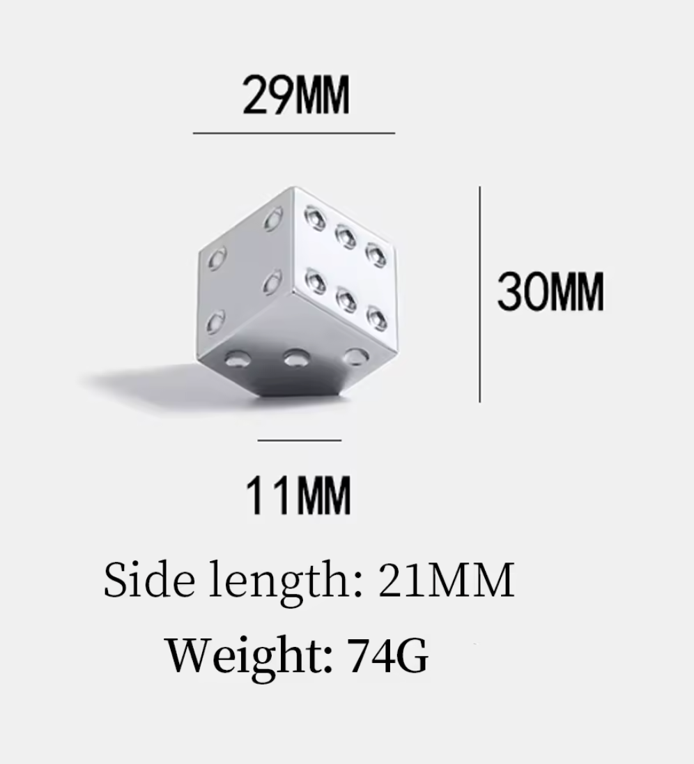 A silver metal die-shaped jewelry piece shown with dimension labels: 29MM at the top, 30MM on the right, 11MM at the bottom, plus side length 21MM and weight 74G on a light gray background.