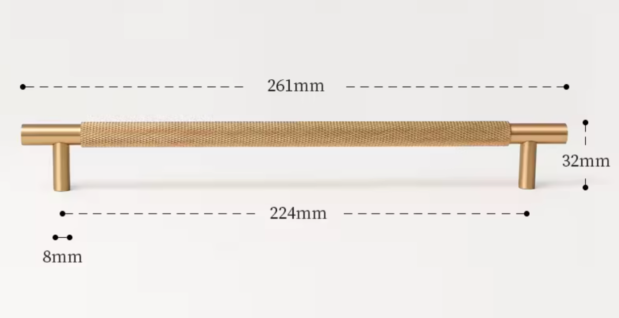 A horizontal bar cabinet pull with a textured metallic finish, shown with dimension callouts indicating 261mm length, 224mm center span, 32mm height, and 8mm post width on a light gray background.