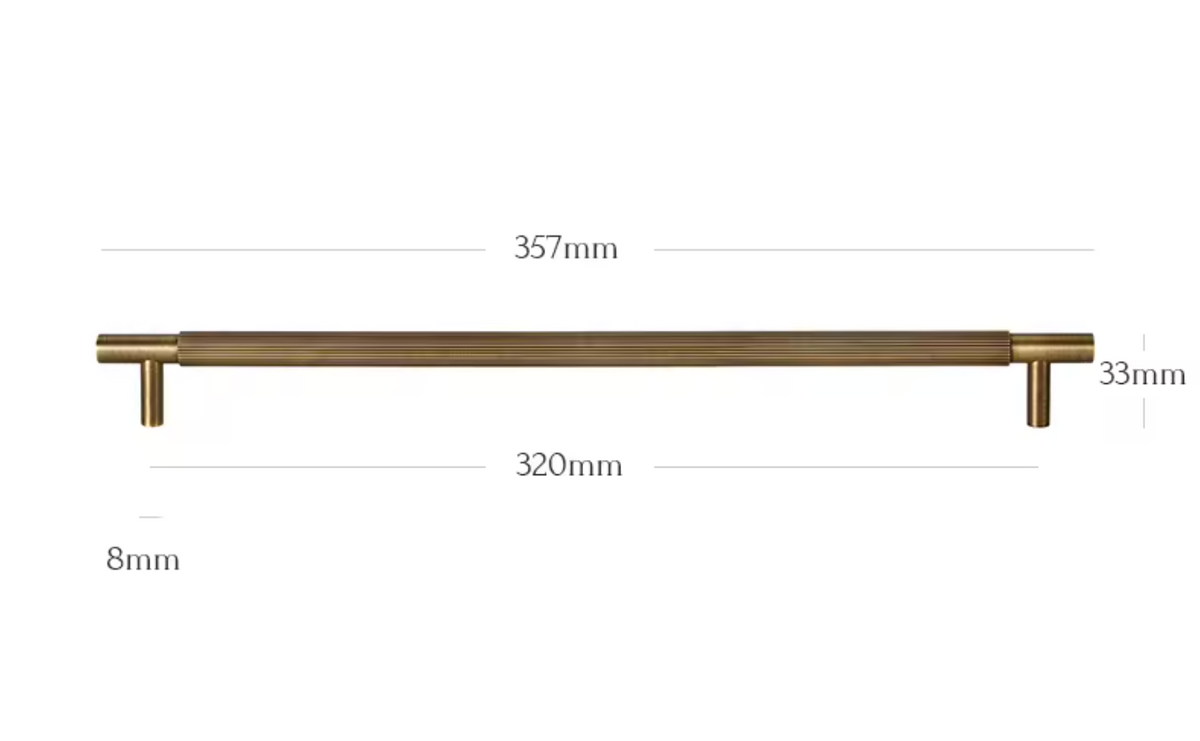 A bathroom towel bar with a warm brushed brass finish, shown with dimension lines and measurements indicating a length of 320mm, a height of 33mm, and a mounting hole diameter of 8mm.