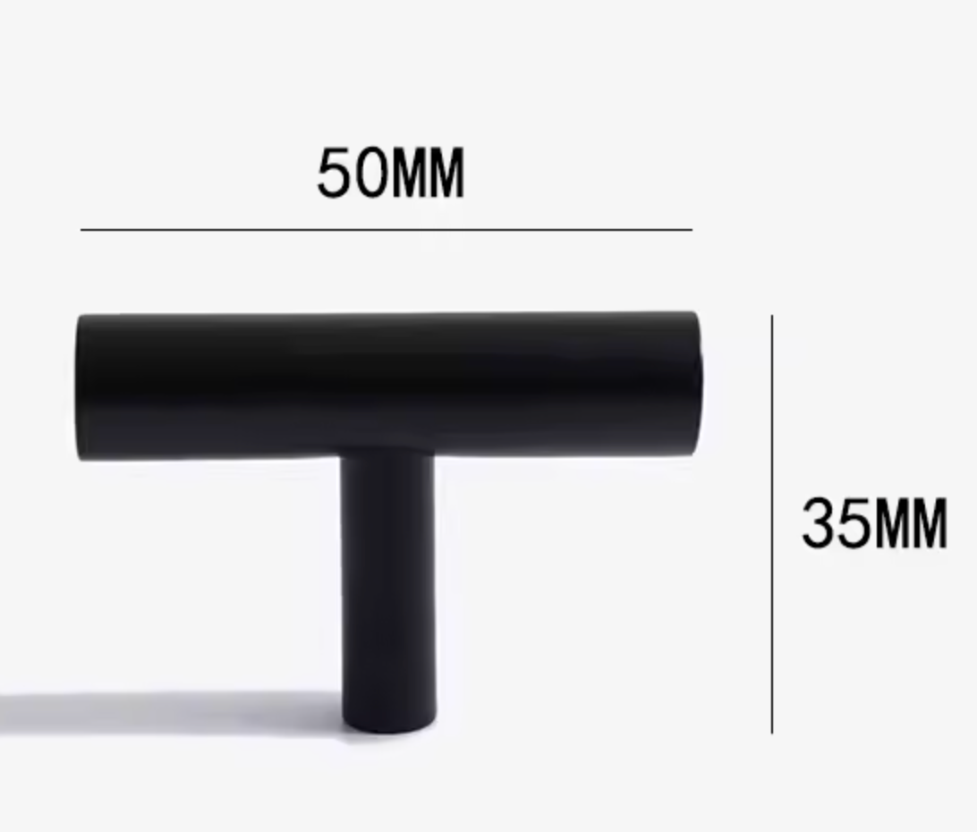 A black T-shaped cabinet knob shown on a light gray background with dimension labels indicating 50mm width and 35mm height.