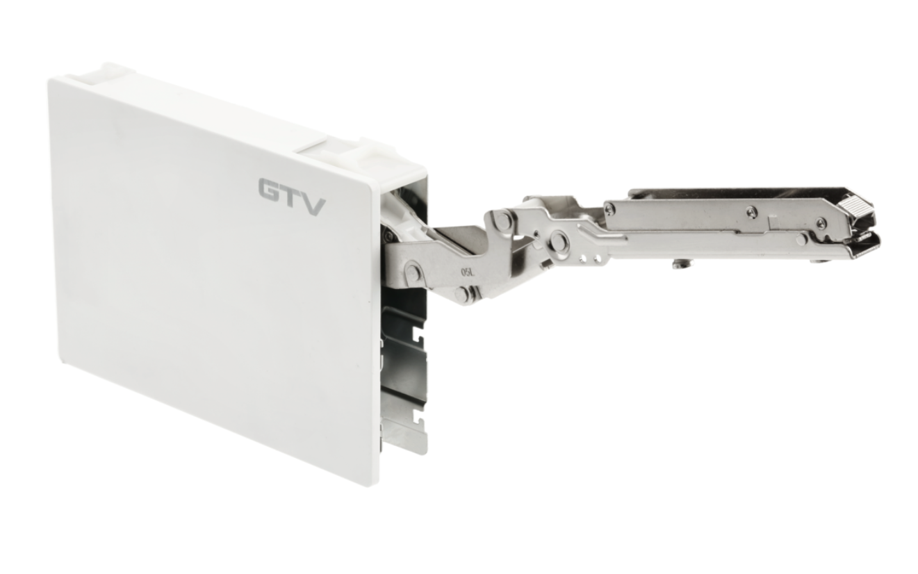 A white plastic mounting bracket with a silver metal hinge mechanism, featuring the text 'GTV' and '15L' printed on it, set against a plain white background.