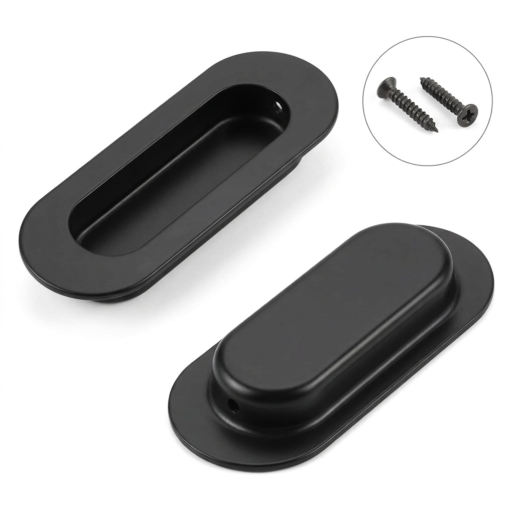 Black metal cabinet pull handle shown on a light gray background with Chinese text and two circular detail callouts showing the screw installation and front profile.