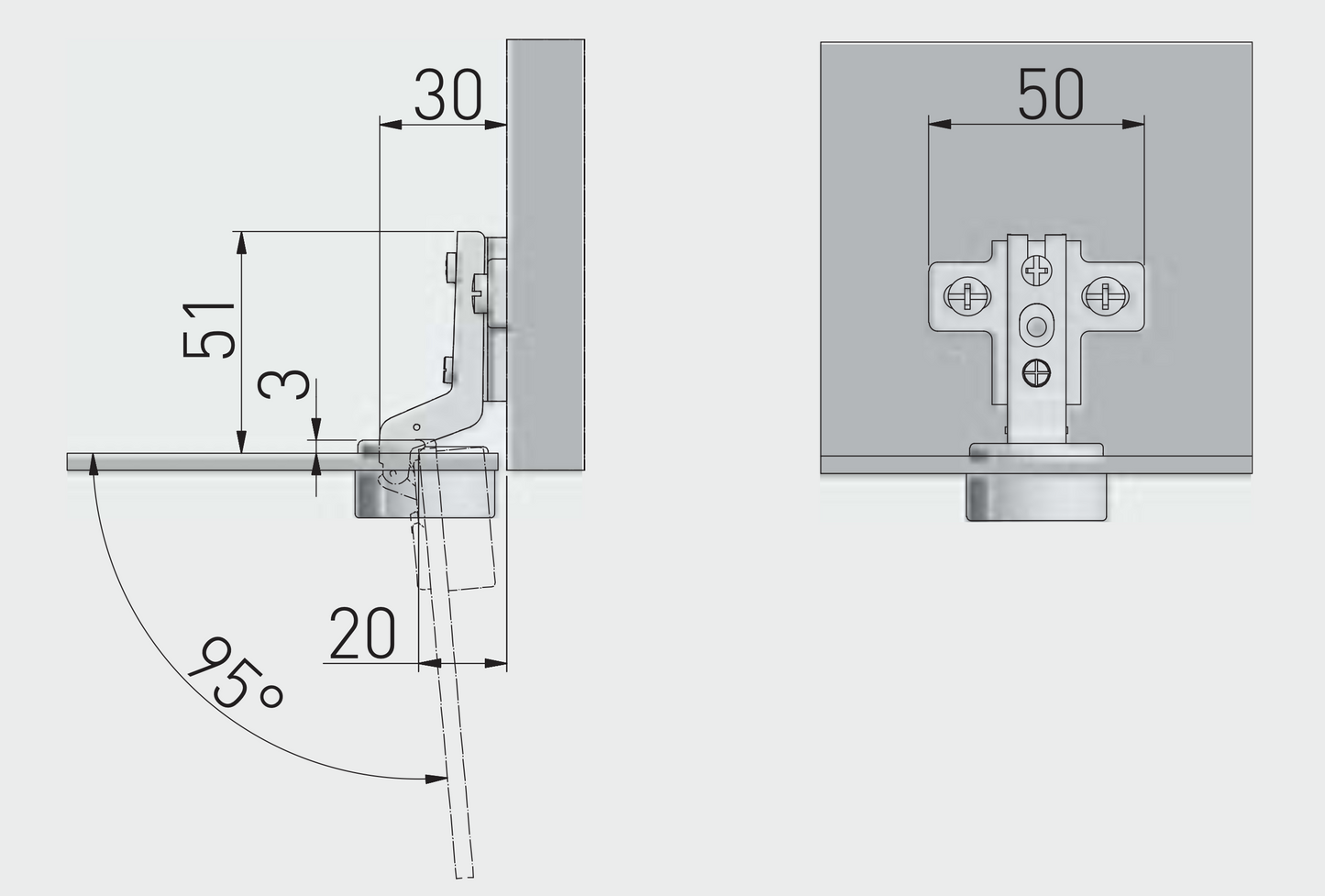 Cabinet Hinge Sprung 95° Inset Glass Door D-Shape