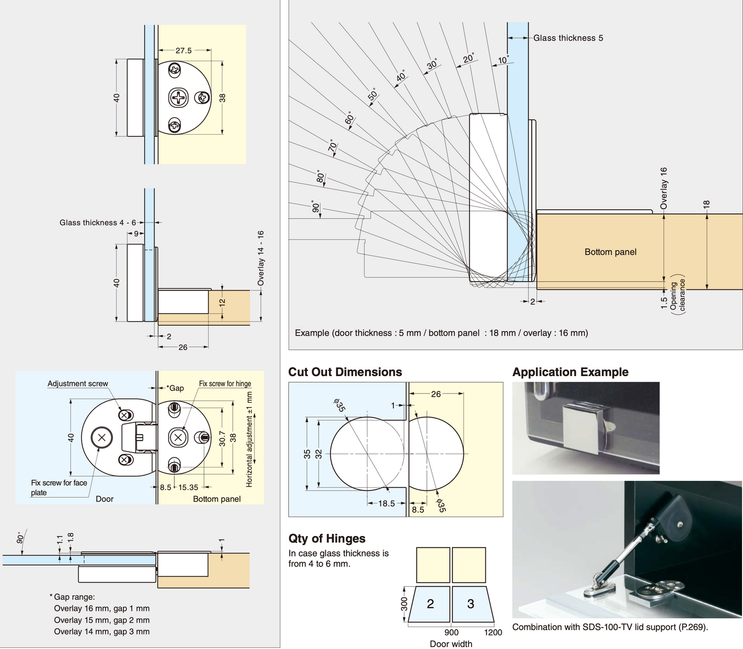 Sugatsune Flap Hinge 90° for Drop Down Cabinet Glass Doors