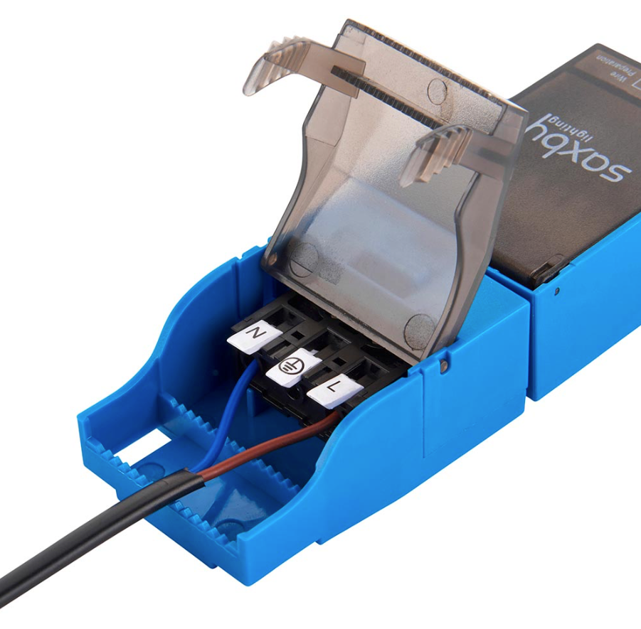 Blue electrical connector with wires on a white background