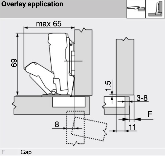 Blum 71T6540B INSERTA Sprung 170° Full Overlay Wide Angle Hinge