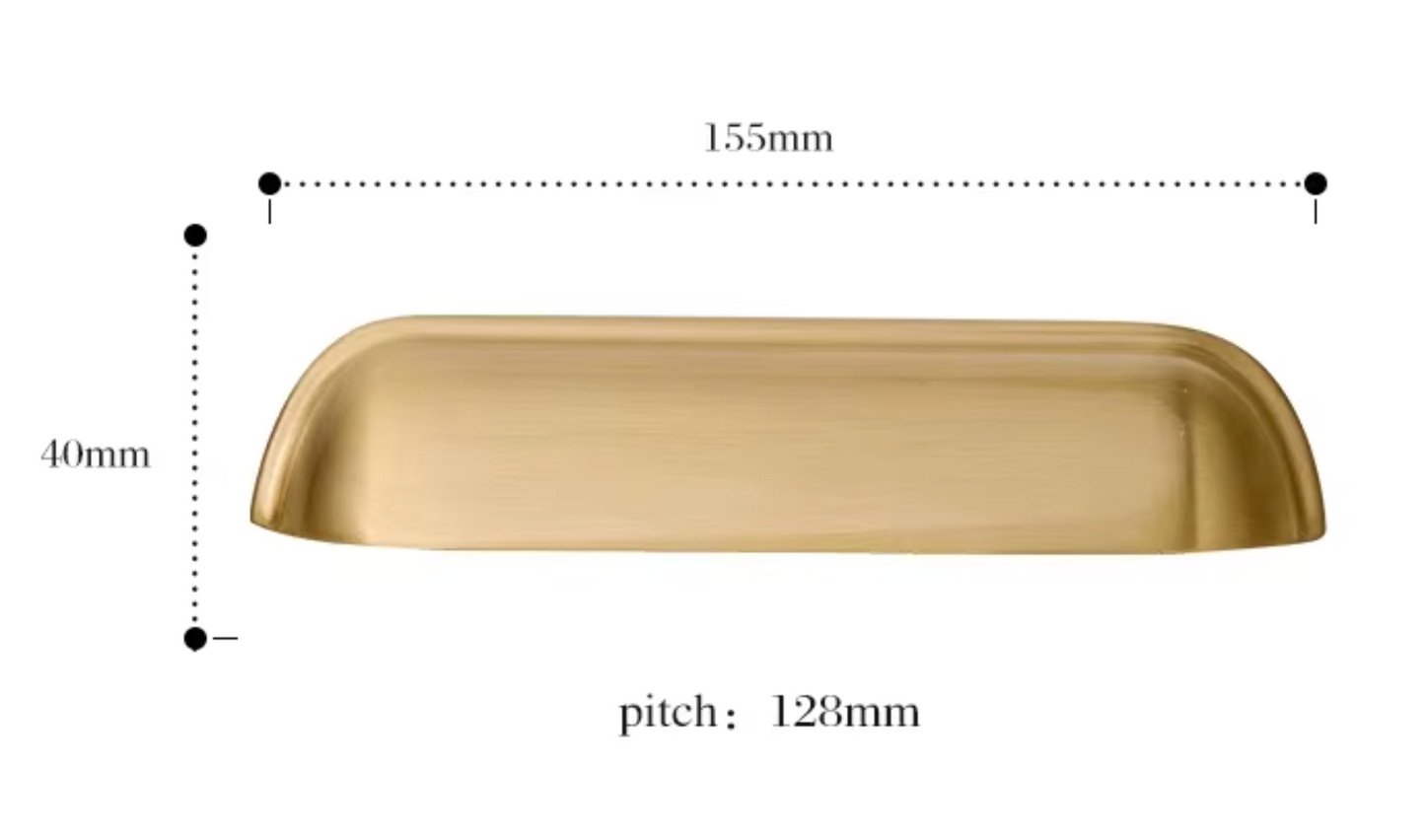 A brass-colored rectangular drawer pull handle with a curved top, shown with dimension markings indicating a width of 155mm, height of 40mm, and pitch of 128mm on a white background.