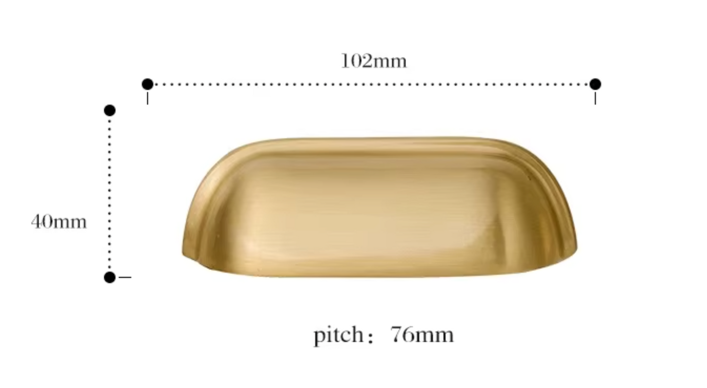 A brass drawer pull handle shown with dimension annotations, including a width of 102mm, a height of 40mm, and a pitch of 76mm, on a plain white background.
