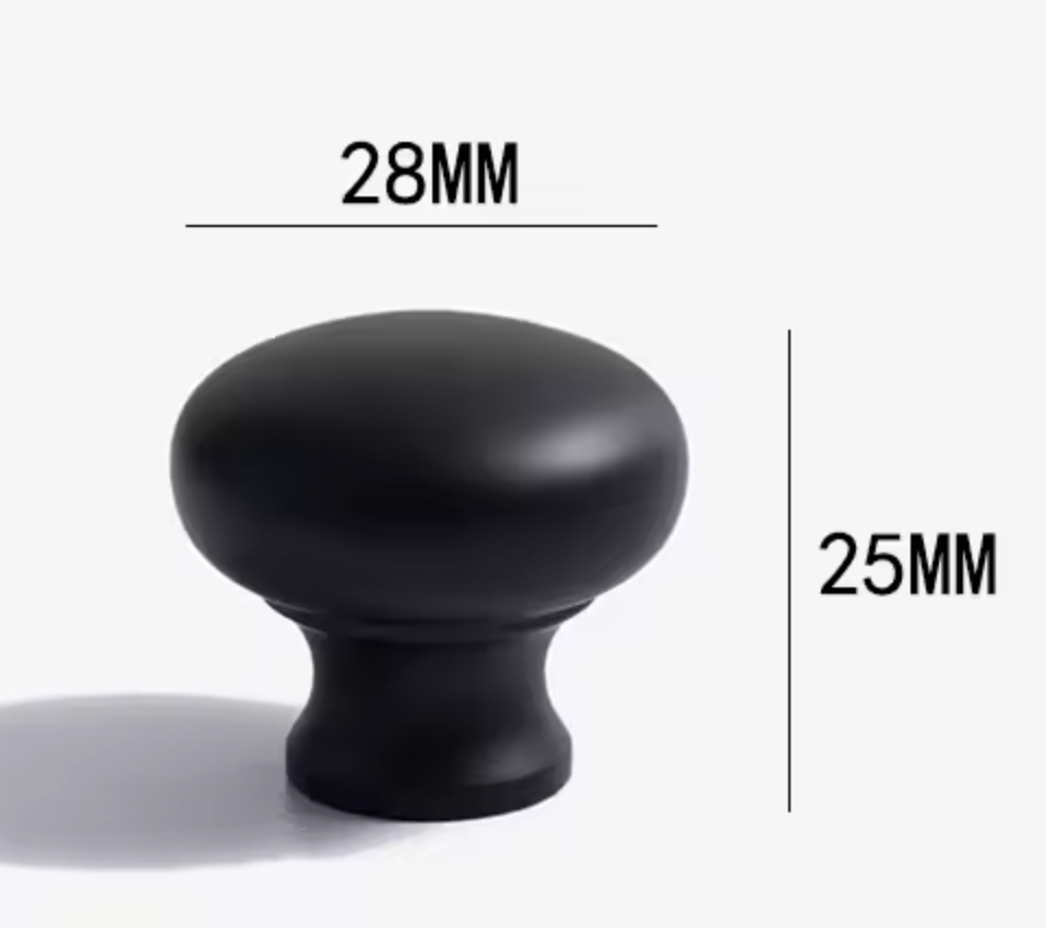 A matte black cabinet knob shown on a light gray background with dimension labels indicating 28mm width and 25mm height.