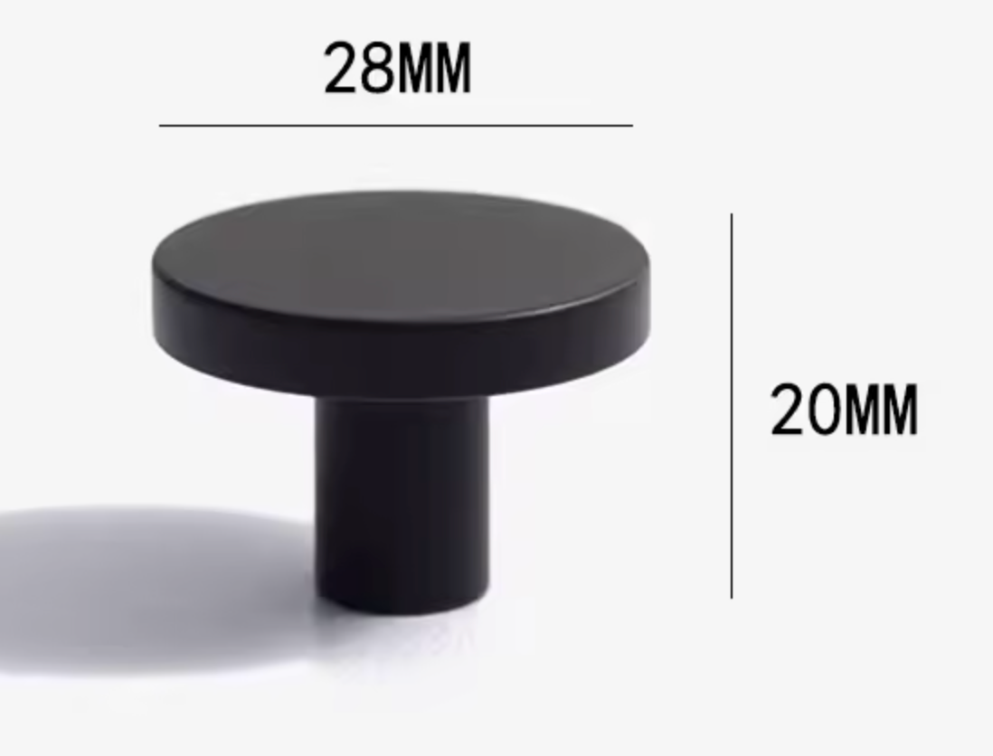 A black cylindrical cabinet knob with a flat circular top, shown with dimension labels indicating a height of 20mm and a diameter of 28mm on a light gray background.