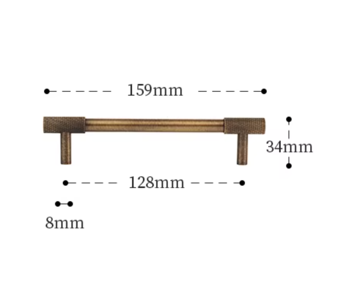 A dimension diagram of a bar handle with an antique bronze finish, showing measurements of 159mm length, 128mm width, 34mm height, and 8mm knob depth on a white background.