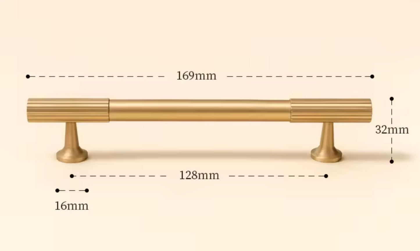 A brass cabinet pull handle with dimension annotations showing its width as 169mm, height as 32mm, and base width as 128mm with a 16mm leg diameter, on a light beige background.