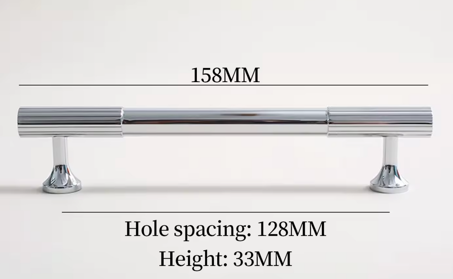 A polished chrome cabinet pull handle shown on a light gray background with overlaid dimension labels: 158MM width, 128MM hole spacing, and 33MM height.