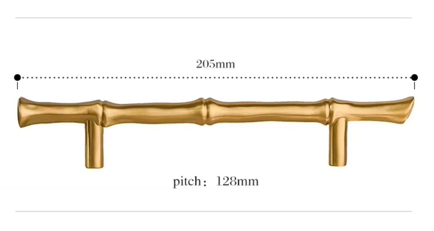 A brass-colored bamboo-style cabinet pull handle shown on a white background with dimension annotations indicating a width of 205mm and a pitch of 128mm.