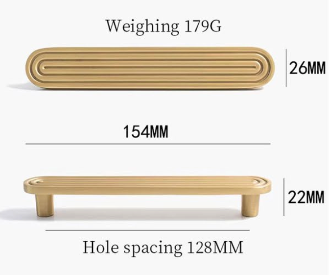 A dimension diagram of a light wood pull handle shown from the front and side, with measurements labeled 154mm length, 26mm profile height, 22mm side height, and 128mm hole spacing. The text 'Weighing 179G' appears above.