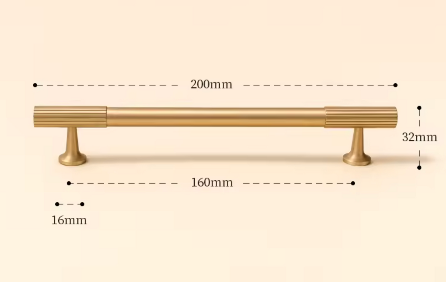 A brass cabinet pull handle shown with dimension callouts: 200mm total length, 160mm center span, 16mm post width, and 32mm height, on a light beige background.