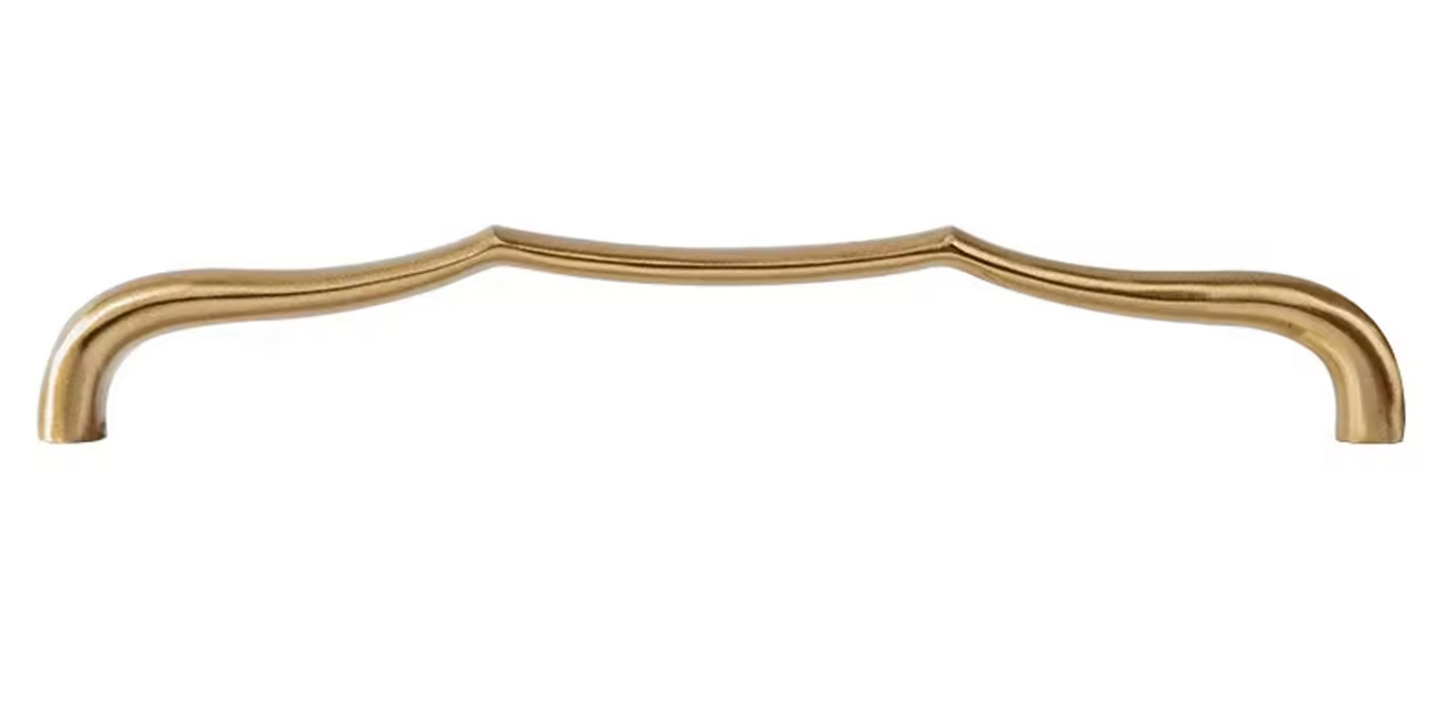 A single curved cabinet pull handle with a polished brass or gold finish, shown against a plain white background.