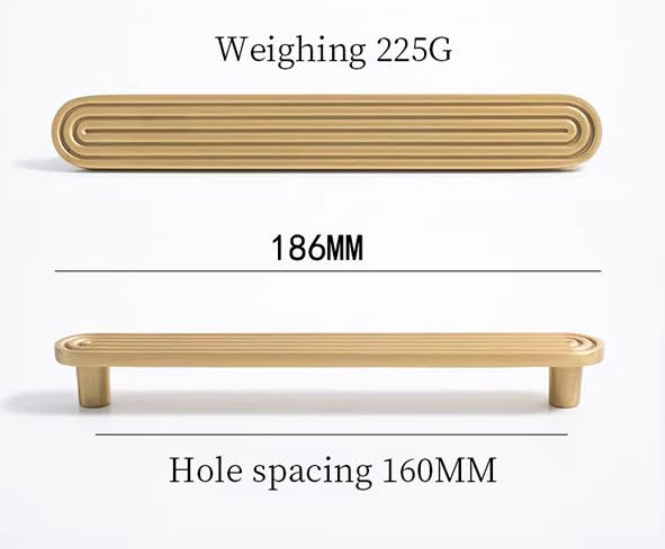 A pull handle shown from two angles with measurement text: top view labeled 'Weighing 225G' and '186MM', bottom view labeled 'Hole spacing 160MM'. The handle is a light natural wood tone on a white background.