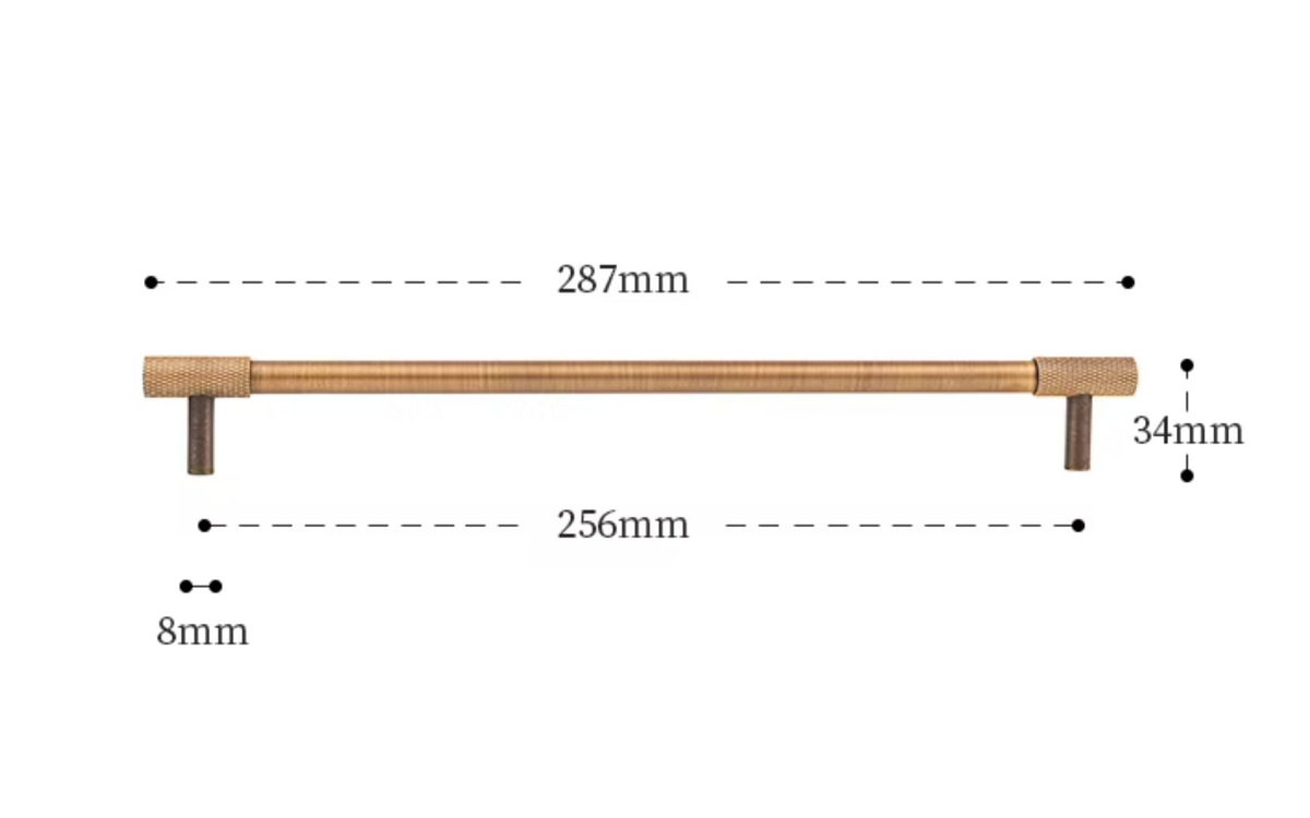 A dimension diagram of a bar handle with a brushed copper center and dark bronze ends and legs, showing measurements of 287mm, 256mm, 34mm, and 8mm on a white background.