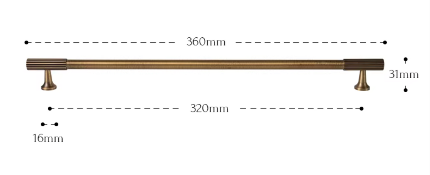 A horizontal cabinet pull handle with dimension annotations showing a length of 360mm, a width of 31mm, a post diameter of 16mm, and a 320mm alternate length option, on a plain white background.