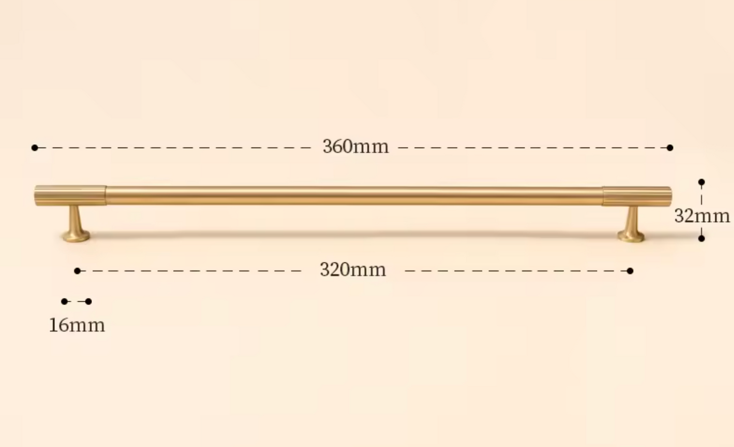 A brass cabinet pull handle with dimension markings showing a total length of 360mm, a shorter length of 320mm, a width of 32mm, and a base diameter of 16mm, set against a solid beige background.