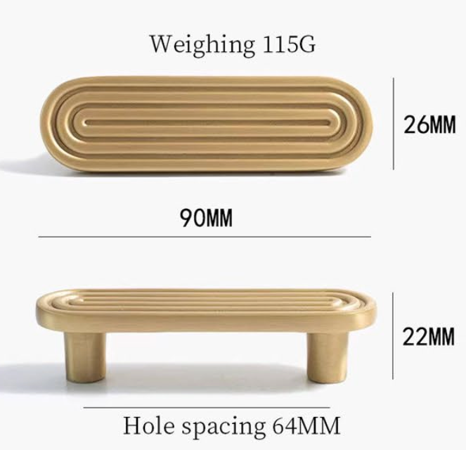 A pull handle cabinet knob shown from two angles with dimension labels: top view 90mm by 26mm, side view 22mm, and text stating weighing 115G and hole spacing 64MM.
