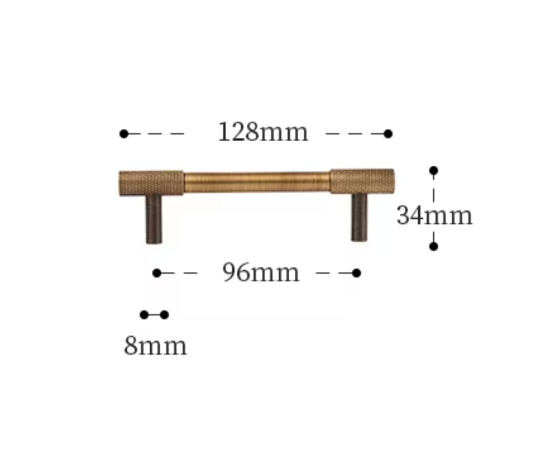 A dimension diagram of a cabinet pull handle showing its measurements: 128mm length, 96mm width, 34mm height, and 8mm post diameter, on a plain white background.