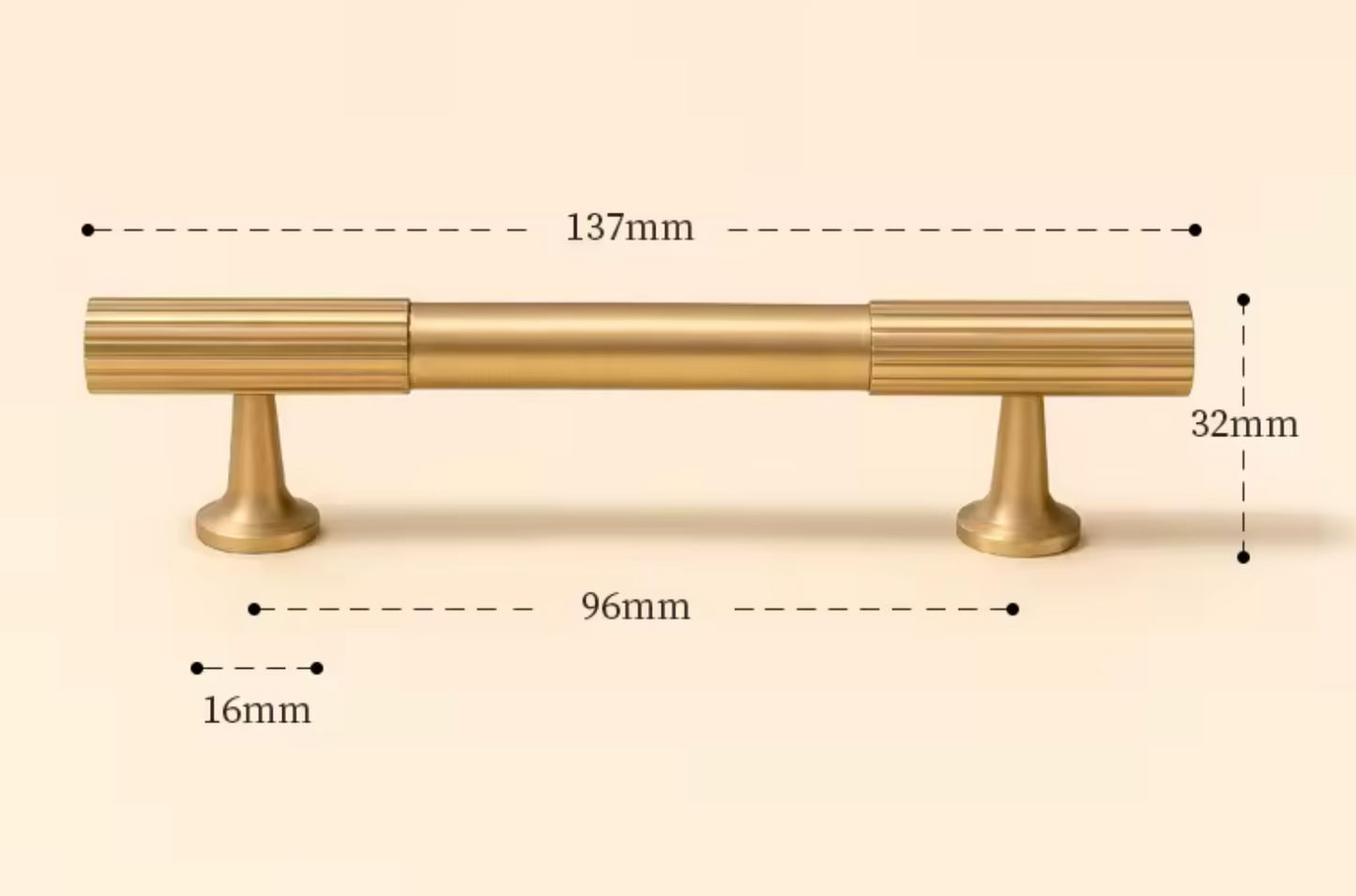A brass cabinet pull handle with dimension markings showing a total length of 137mm, height of 32mm, base width of 96mm, and foot diameter of 16mm, on a light beige background.