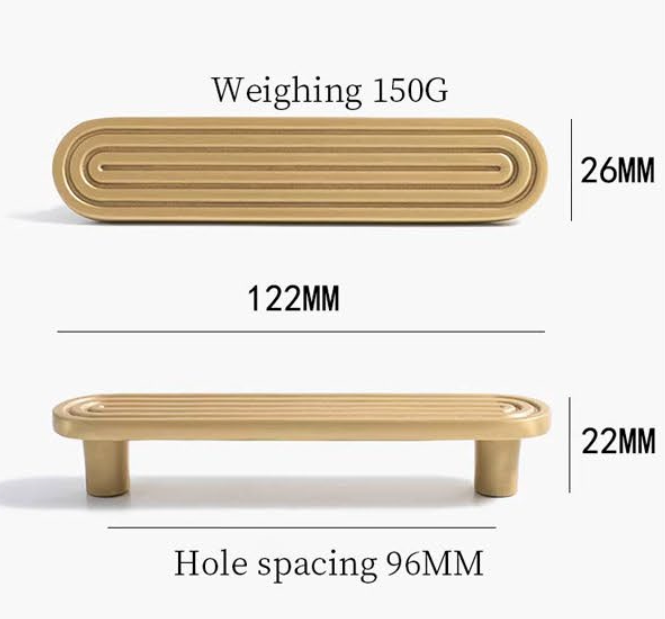 A gold-toned cabinet pull handle shown from two angles with dimension labels: top view marked 122MM by 26MM and weight 150G, bottom view marked 22MM, plus hole spacing 96MM.