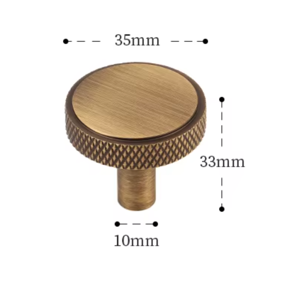 A round cabinet knob in brushed brass with a knurled side, shown with dimension labels indicating 35mm diameter, 33mm height, and 10mm shank width on a white background.