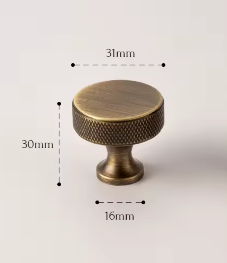 An antique brass drawer knob with dimension markings showing a height of 30mm, width of 31mm, and base diameter of 16mm on a light beige background.