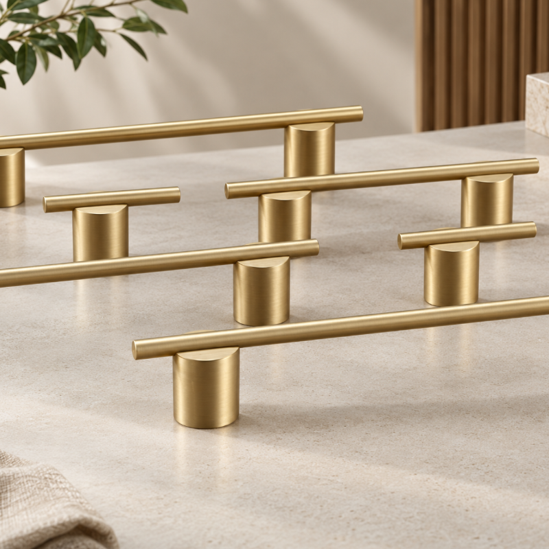 Five brushed gold cabinet pulls arranged on a light stone countertop, with a folded beige cloth and a potted plant partially visible in a styled interior setting.