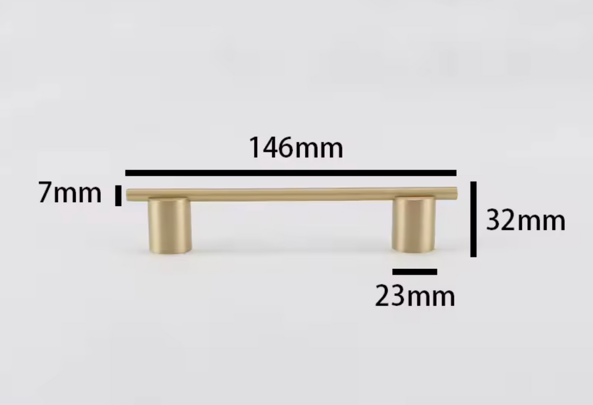 A brass cabinet pull handle with dimension annotations showing a length of 146mm, height of 32mm, width of 23mm, and depth of 7mm on a light gray background.