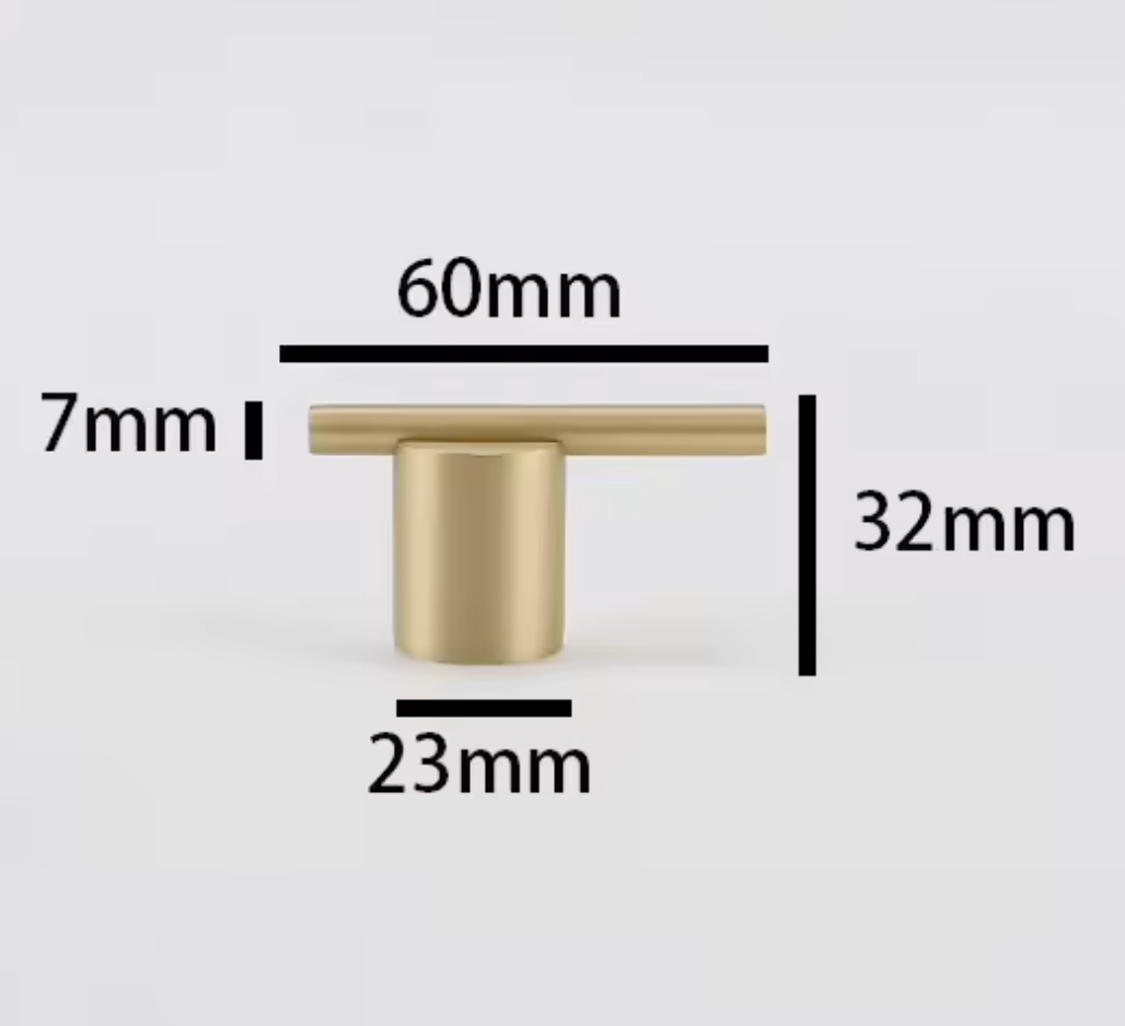 A brass drawer pull handle with dimension annotations showing a width of 60mm, a height of 32mm, a top bar width of 23mm, and a side depth of 7mm on a light gray background.