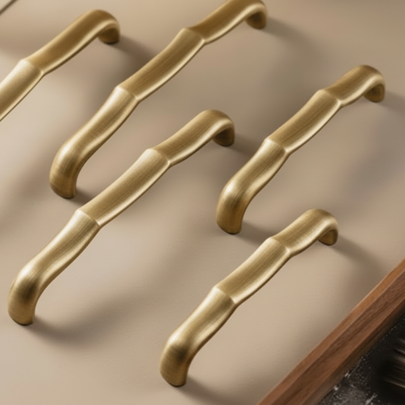 Five curved cabinet handles in a brushed gold finish arranged diagonally on a beige surface, with a dark wood trim visible in the lower right corner.