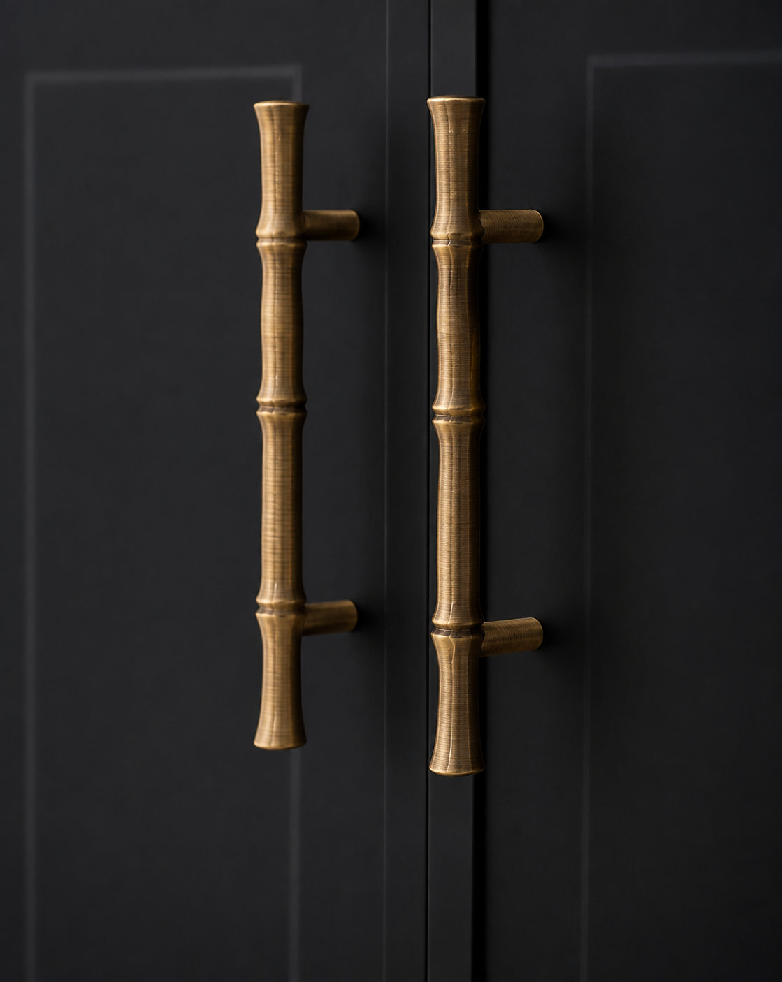 Two vertical bamboo-style cabinet handles in an antique brass finish mounted on a dark charcoal door.
