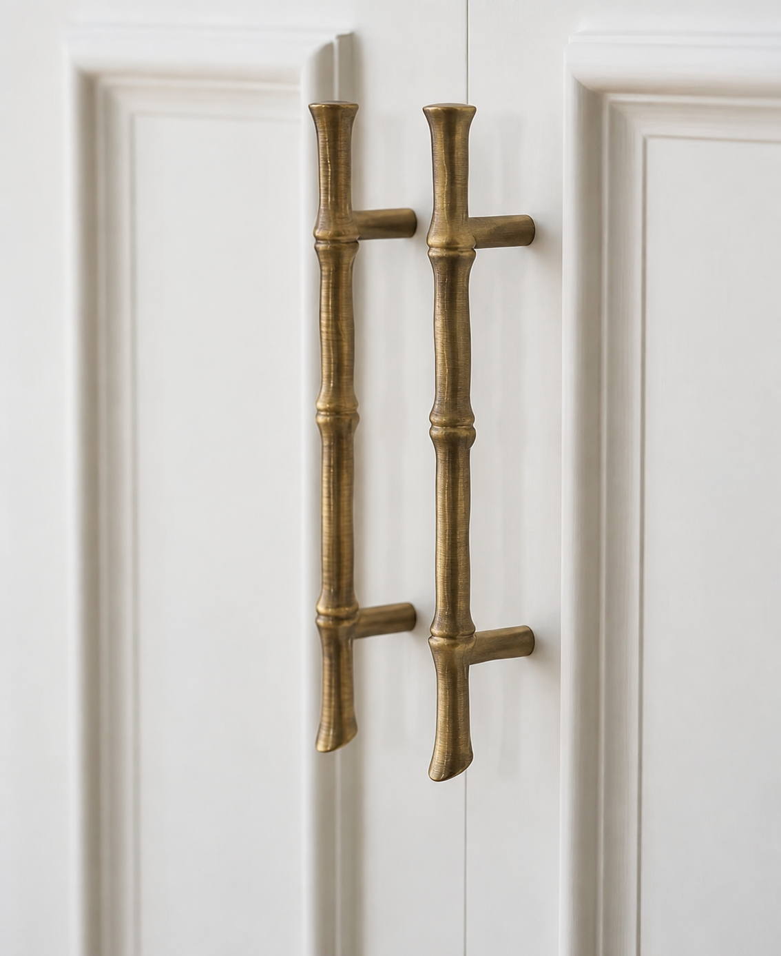 Two brass bamboo-style cabinet handles mounted on a white paneled door.