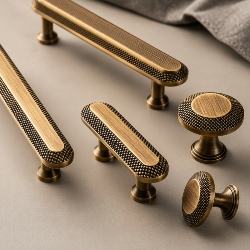 A set of brass and bronze cabinet hardware, including two long drawer pulls, two round knobs, and two smaller pulls, arranged on a neutral beige surface with a textured gray cloth in the background.