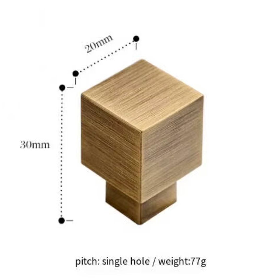 A square cabinet knob with a brushed brass finish, shown with dimension markings of 30mm height and 20mm width, along with text indicating 'pitch: single hole / weight:77g' on a white background.