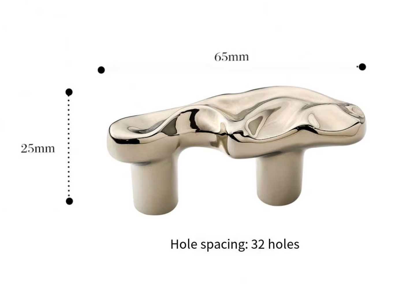 A polished chrome cabinet knob with dimension markings showing a width of 65mm, height of 25mm, and text indicating 32 holes for spacing, on a white background.