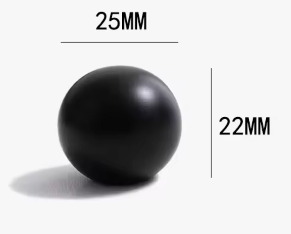 A black spherical object on a light gray background with dimension labels showing 25MM across the top and 22MM on the right side.