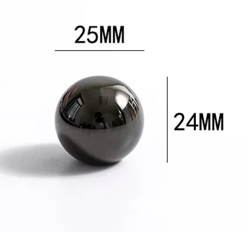 A glossy black spherical object on a white background with measurement labels showing 25MM across the top and 24MM to the right.