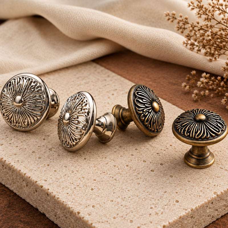 Four round cabinet knobs with ornate floral or sunburst embossed designs, shown in two finishes: antique silver and antique bronze. They are styled on a textured beige stone slab with a draped beige fabric and dried flowers in the background.
